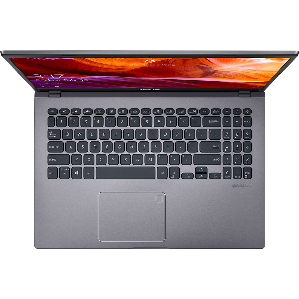Draufsicht auf einen geöffneten grauen Laptop mit eingeschaltetem Bildschirm und Tastatur.