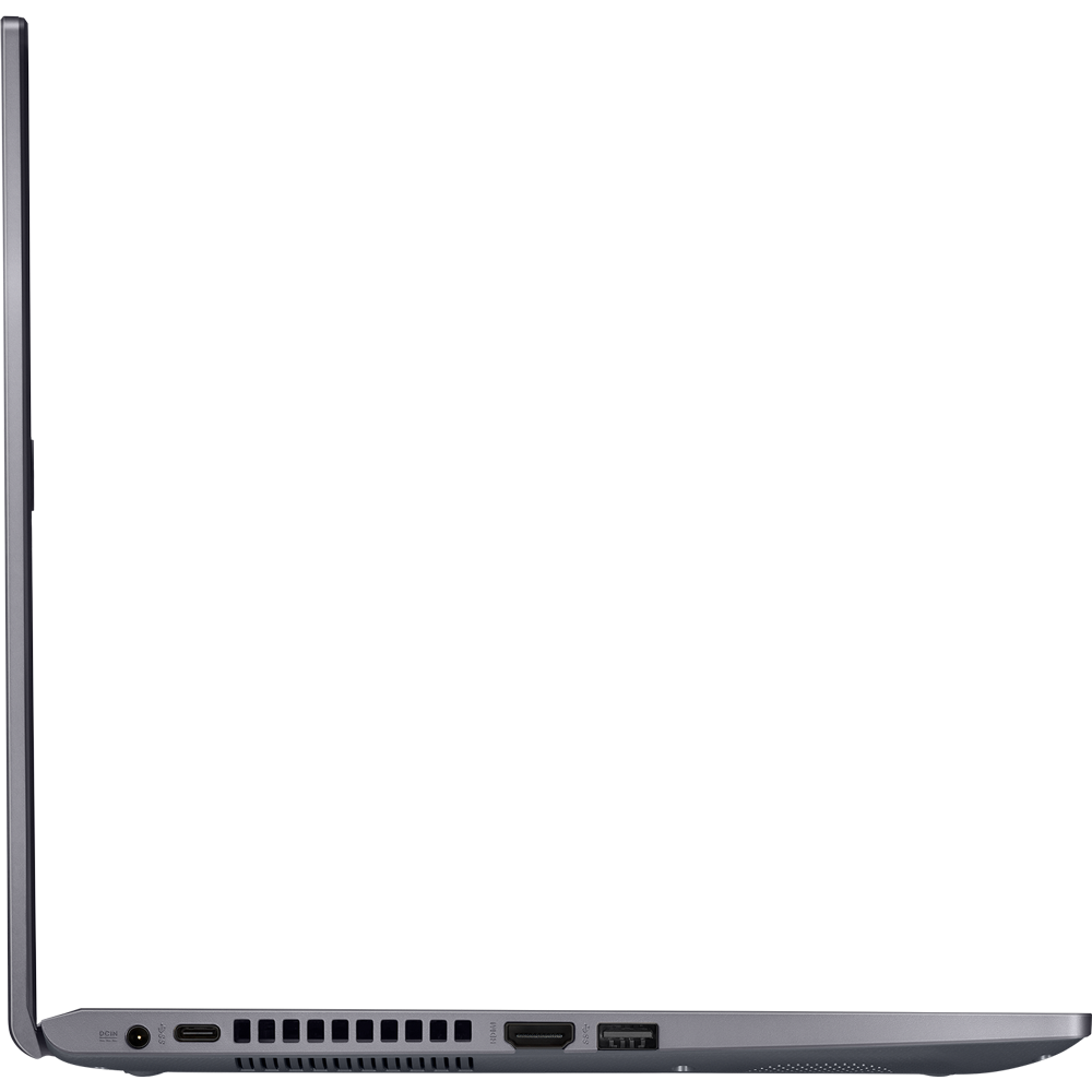 Linke Seite eines grauen Laptops mit Anschlüssen und Lüftungsschlitzen vor schwarzem Hintergrund.