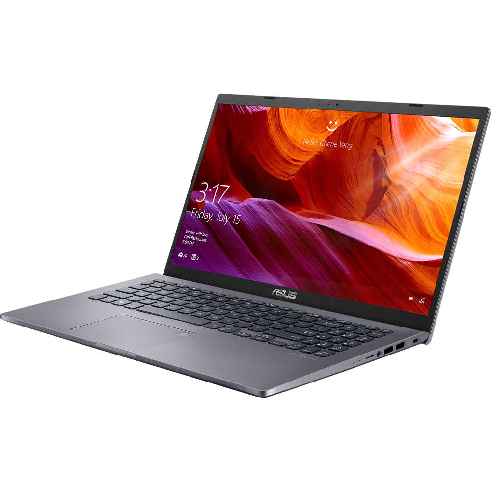 Ein grauer ASUS-Laptop mit beleuchtetem Farbdisplay zeigt Datum, Uhrzeit und ein buntes Hintergrundbild vor schwarzem Hintergrund.