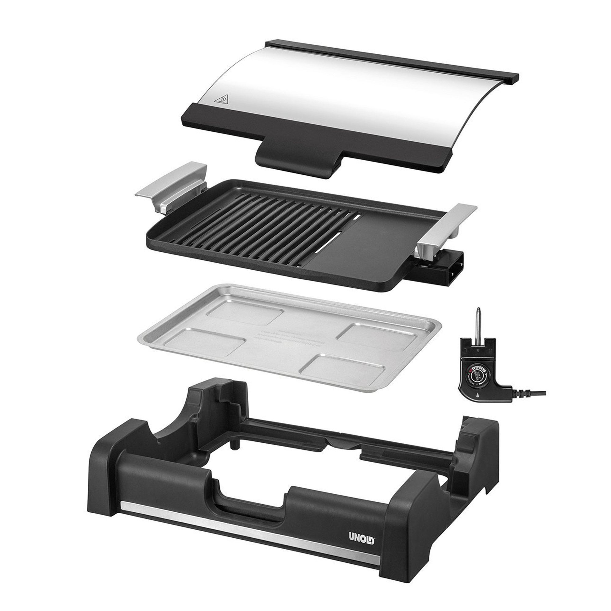 Szétszerelt elektromos grill. Tartalmazza a fedelet, a grilltálat, a csepptálcát, az alapot és a hőfokszabályzót.