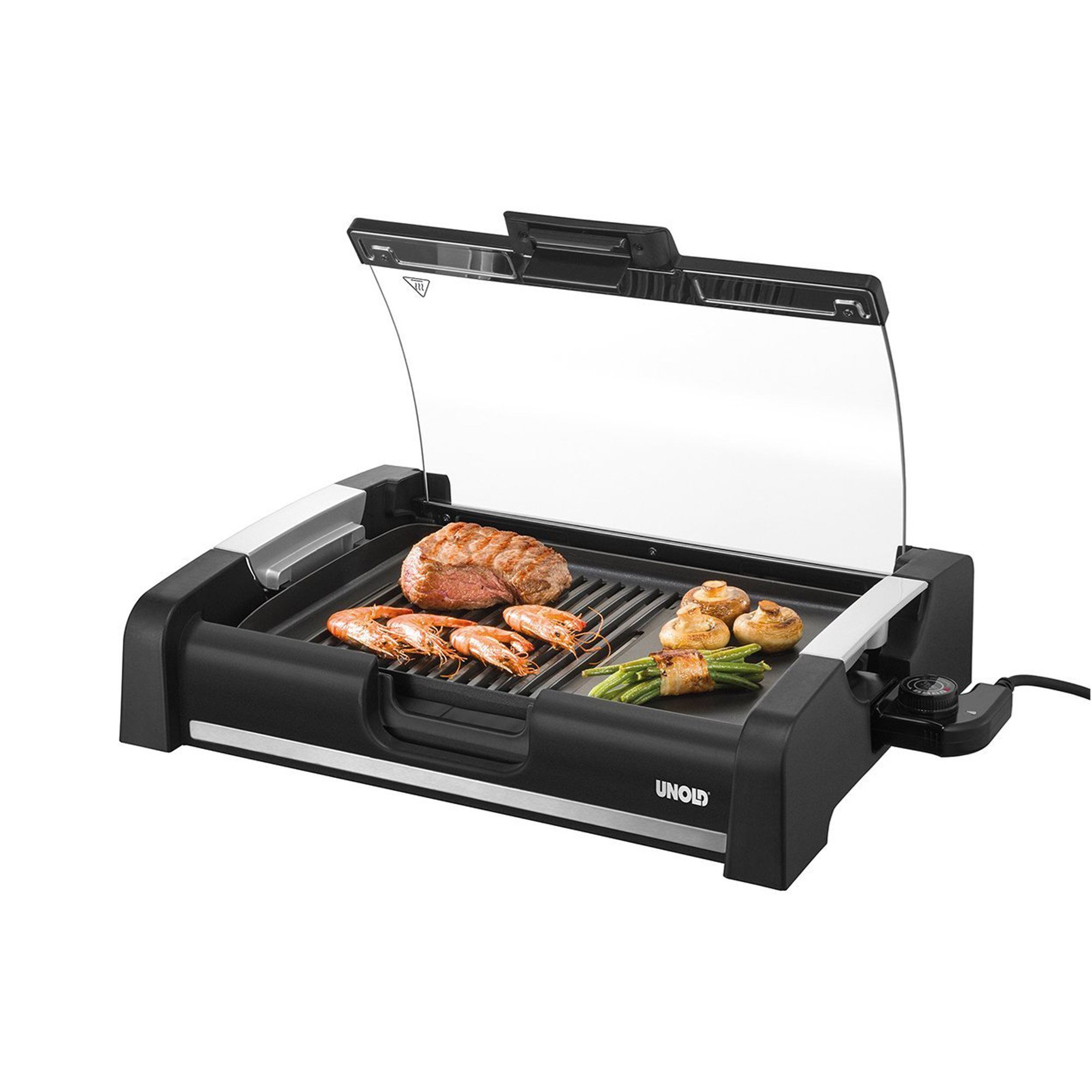 Elektromos grill ételekkel, garnélarákkal, steakkel, gombával és zöldbabbal, átlátszó fedővel.