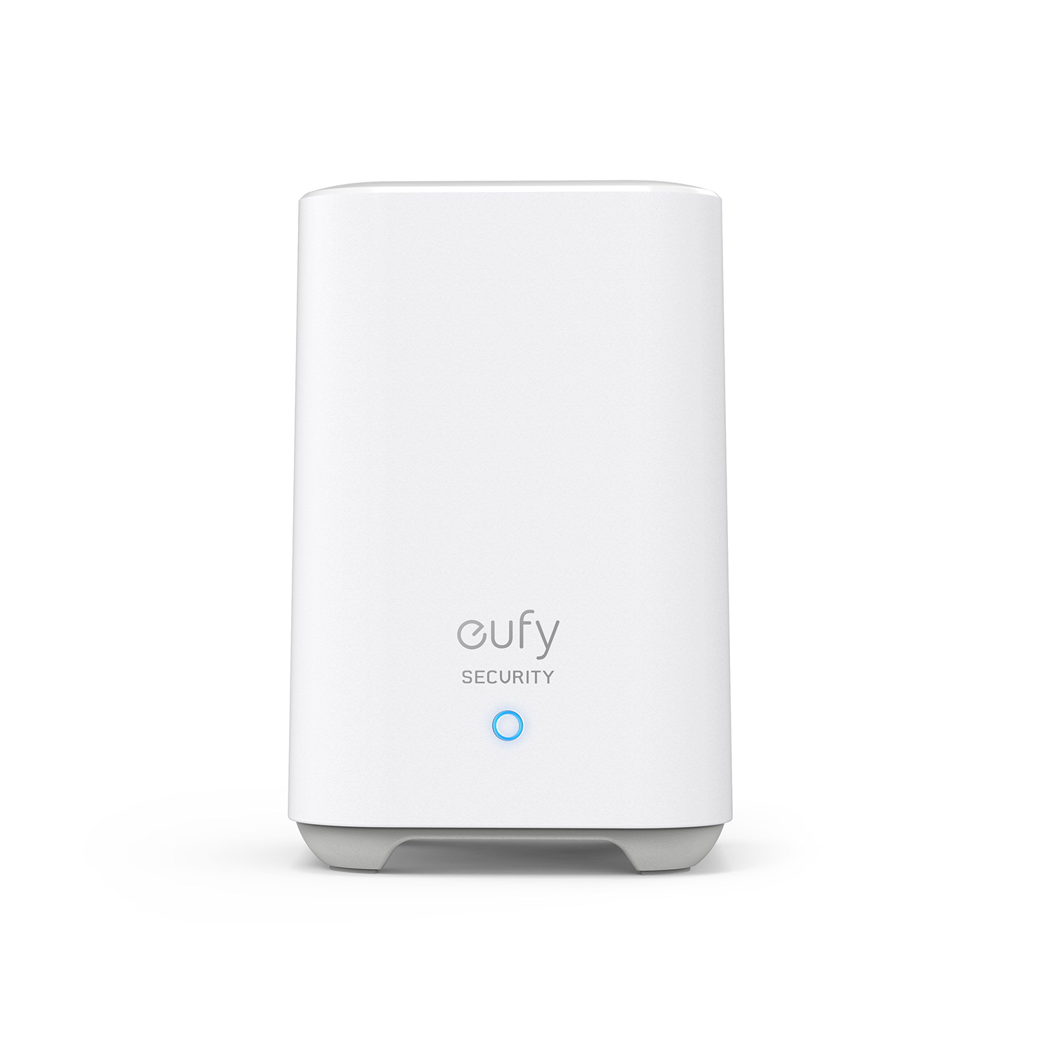 Wit Eufy beveiligingsapparaat met blauw licht, geïsoleerd op wit.