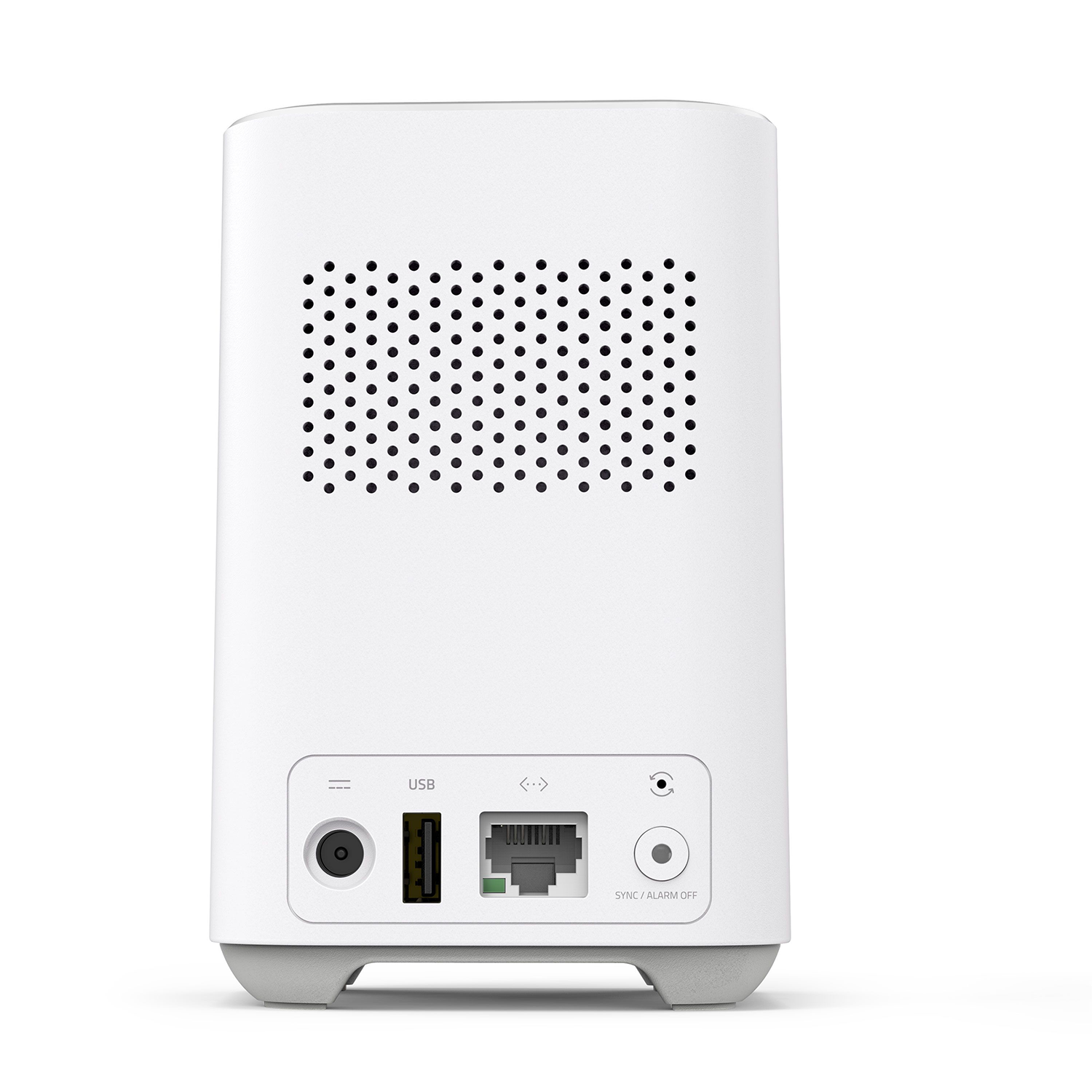 Achteraanzicht van een witte router of modem. De achterkant van het apparaat heeft verschillende poorten.