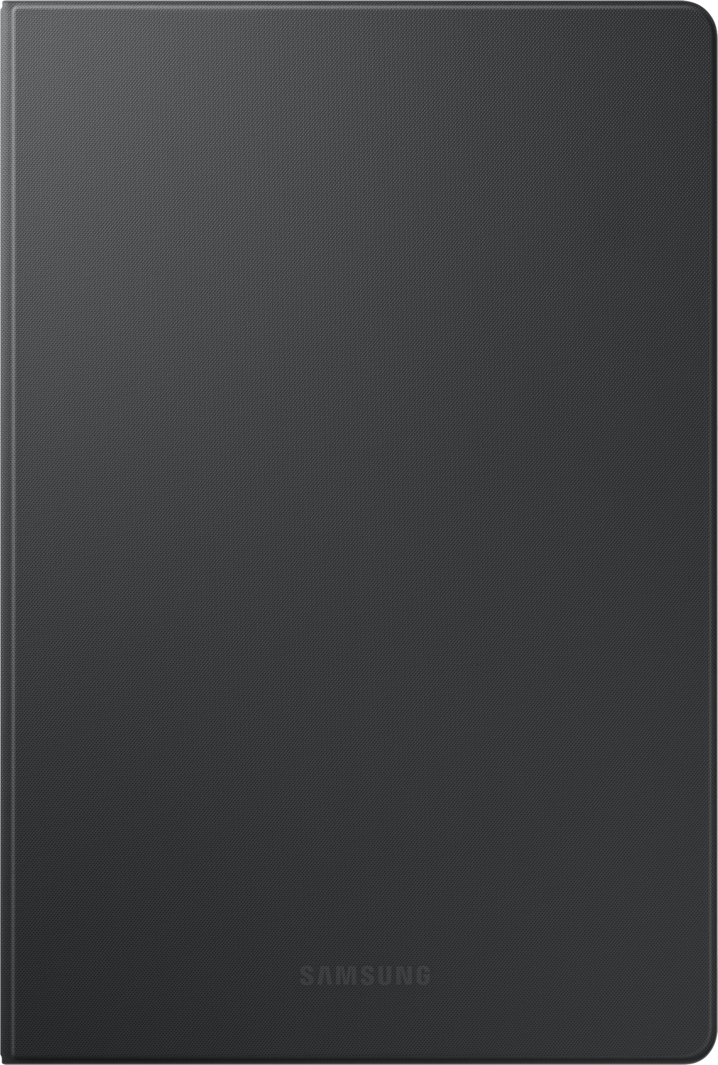 Een donkergrijze tablethoes met een textuur. Het Samsung-logo staat onderaan. De hoes is rechthoekig.