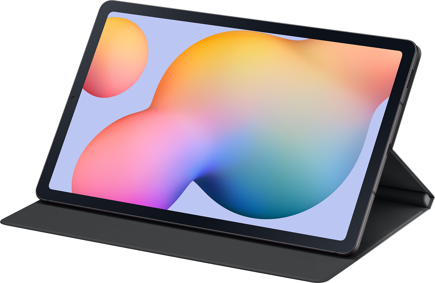 Tablet op een standaard, scherm toont een abstract verloop. De tablet is zwart, met een bijpassende zwarte hoes. De achtergrond is wit.