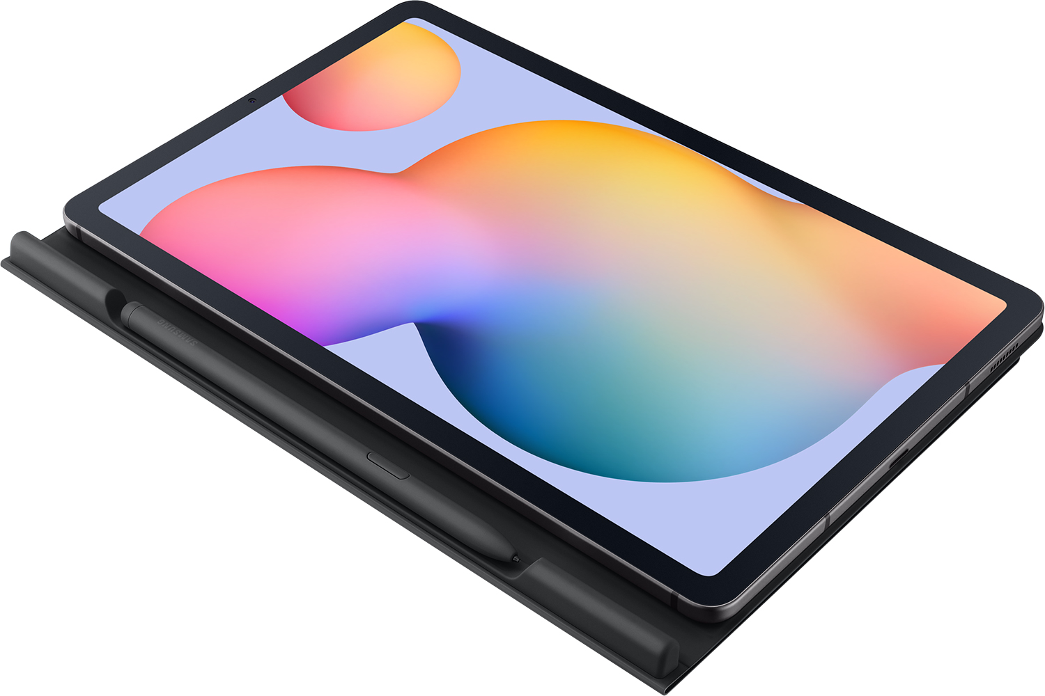 Een Samsung tablet met stylus en hoesje. Het scherm toont kleurrijke abstracte vormen. De hoes en stylus zijn zwart.