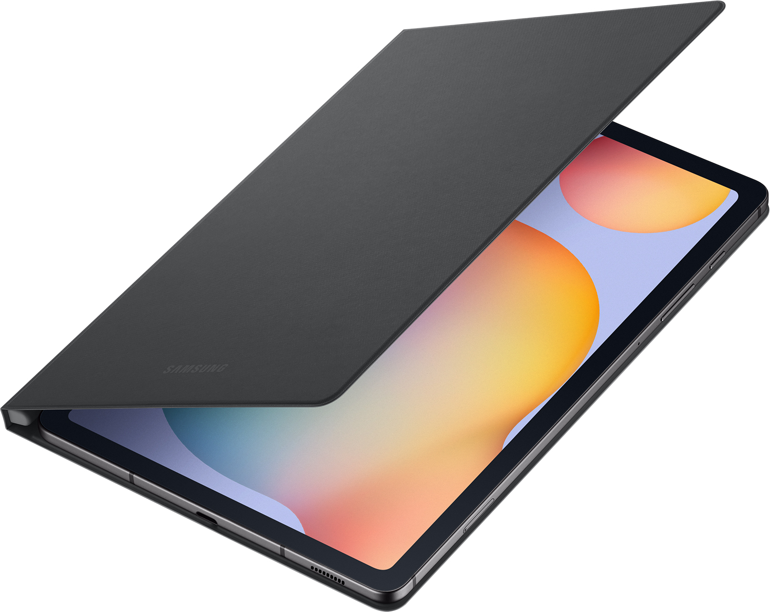 Een Samsung-tablet met een donkergrijze hoes gedeeltelijk open, onthullend het scherm met een abstract ontwerp van oranje en geel.