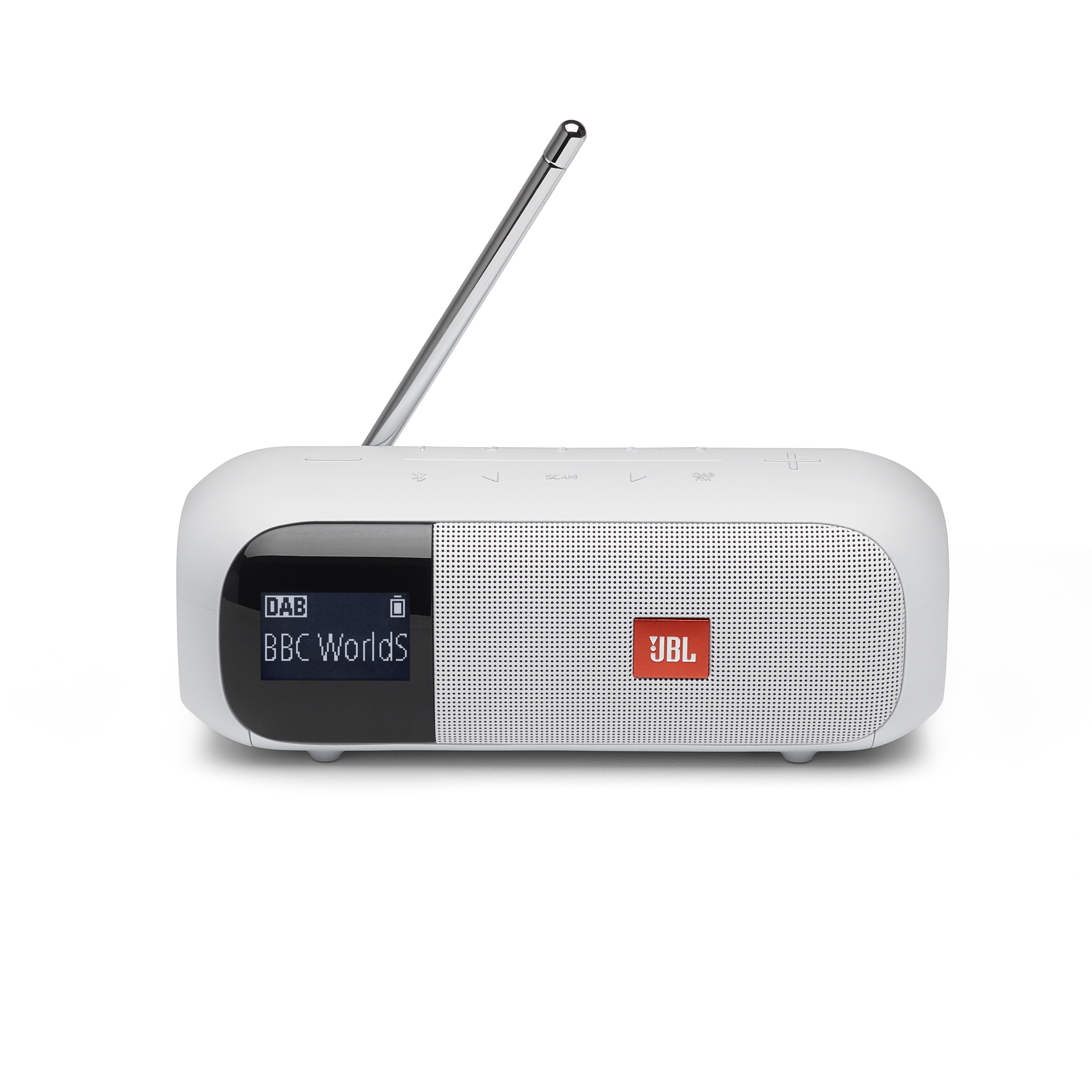 White JBL radio with display and antenna.