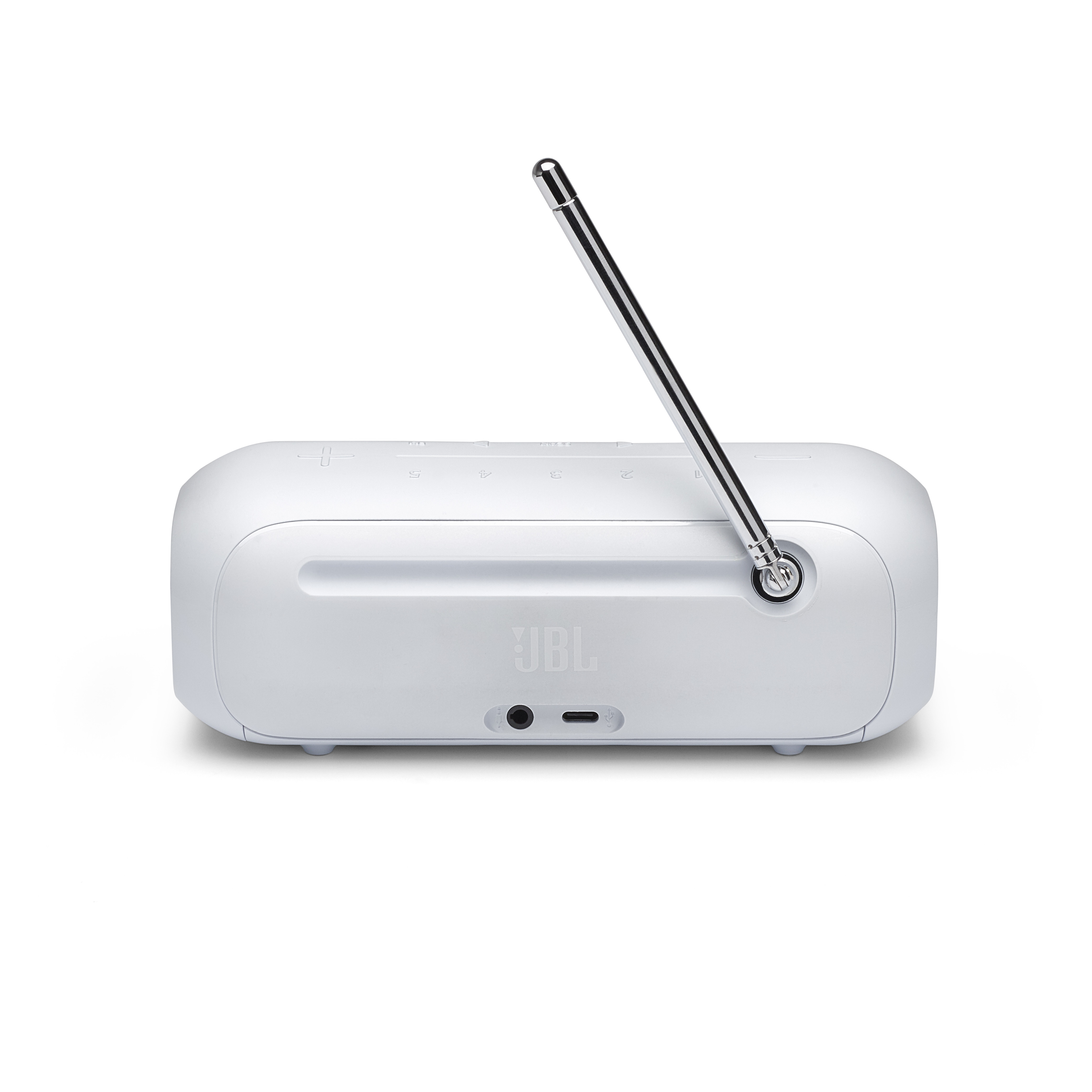 White JBL radio with a silver antenna, and a dark port on the side.
