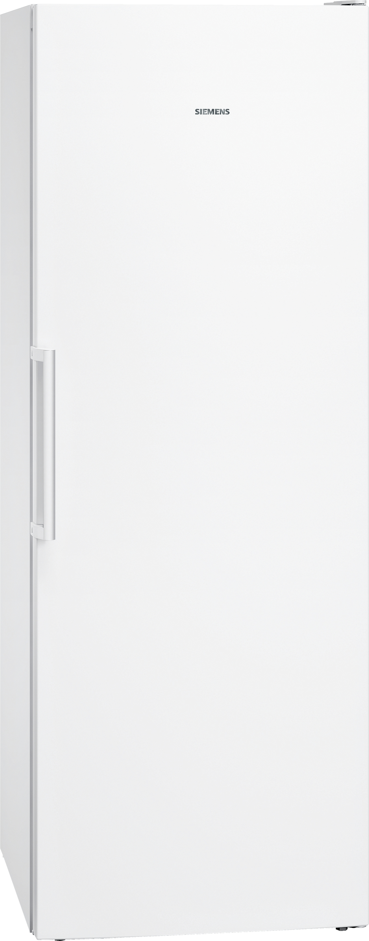 Weißer Siemens-Kühlschrank. Gesamtansicht, Tür links, Griff links.