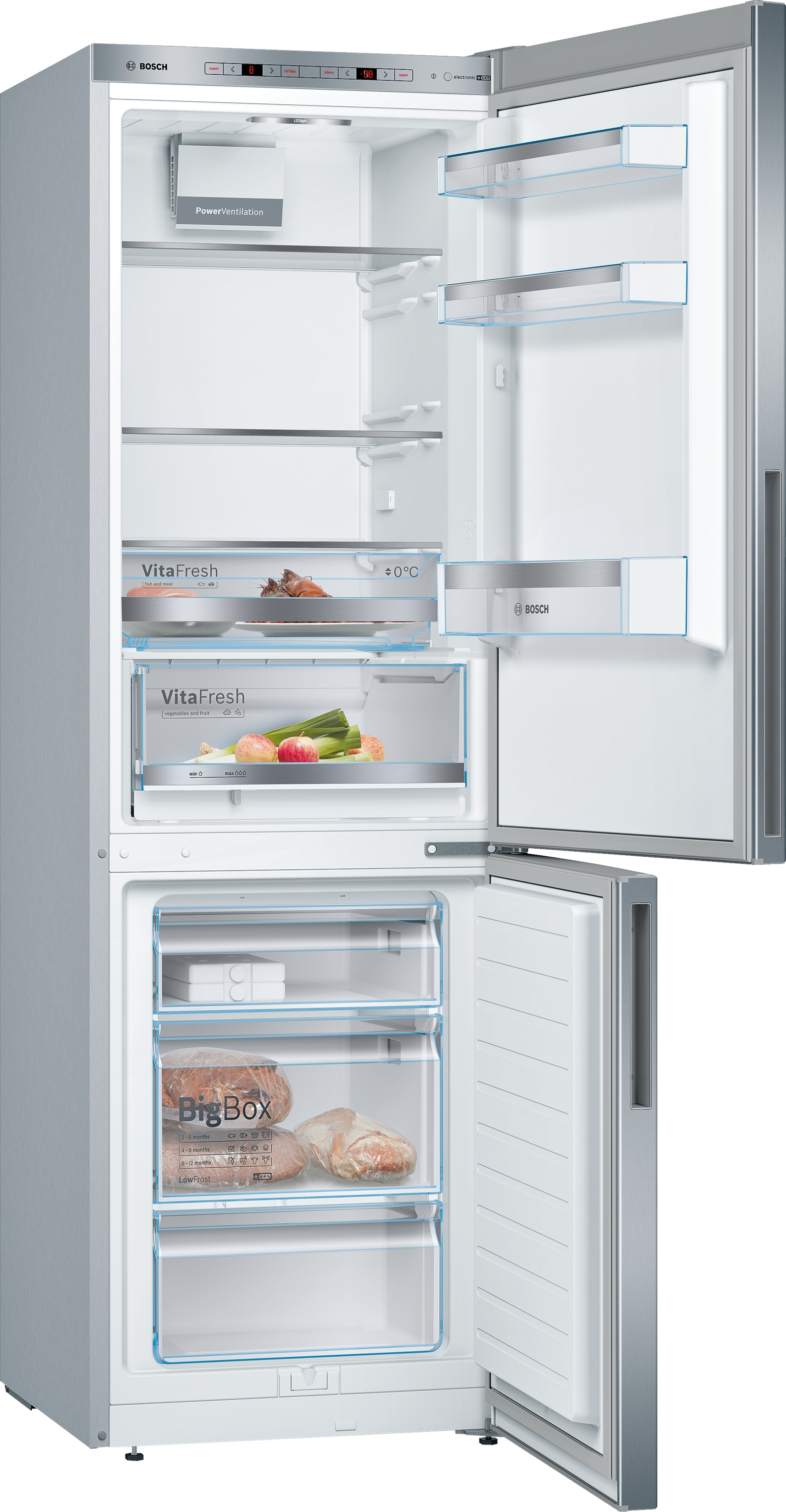Silberner Kühlschrank mit geöffneten Türen, Innenfächer zeigend.