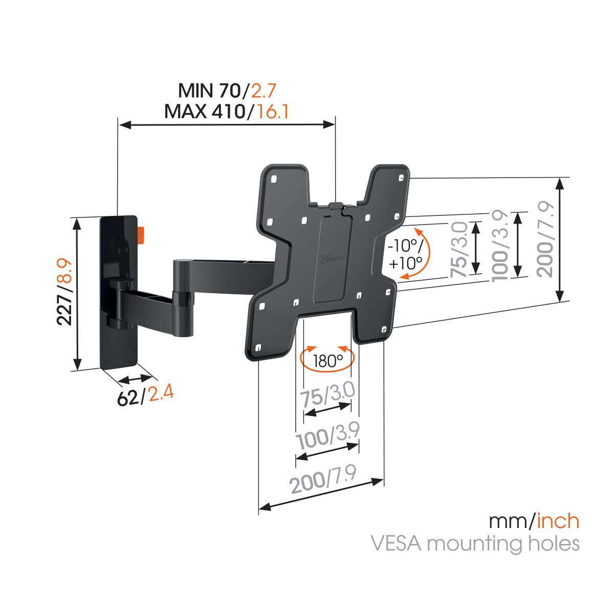 VOGEL´S WALL 3145 TV-Wandhalterung für 48-109 cm (19-43 Zoll) Fernseher, drehbar und neigbar, Wandhalterung, max. 43 Zoll, Schwenkbar, Neigbar, Ausziehbar, Schwarz