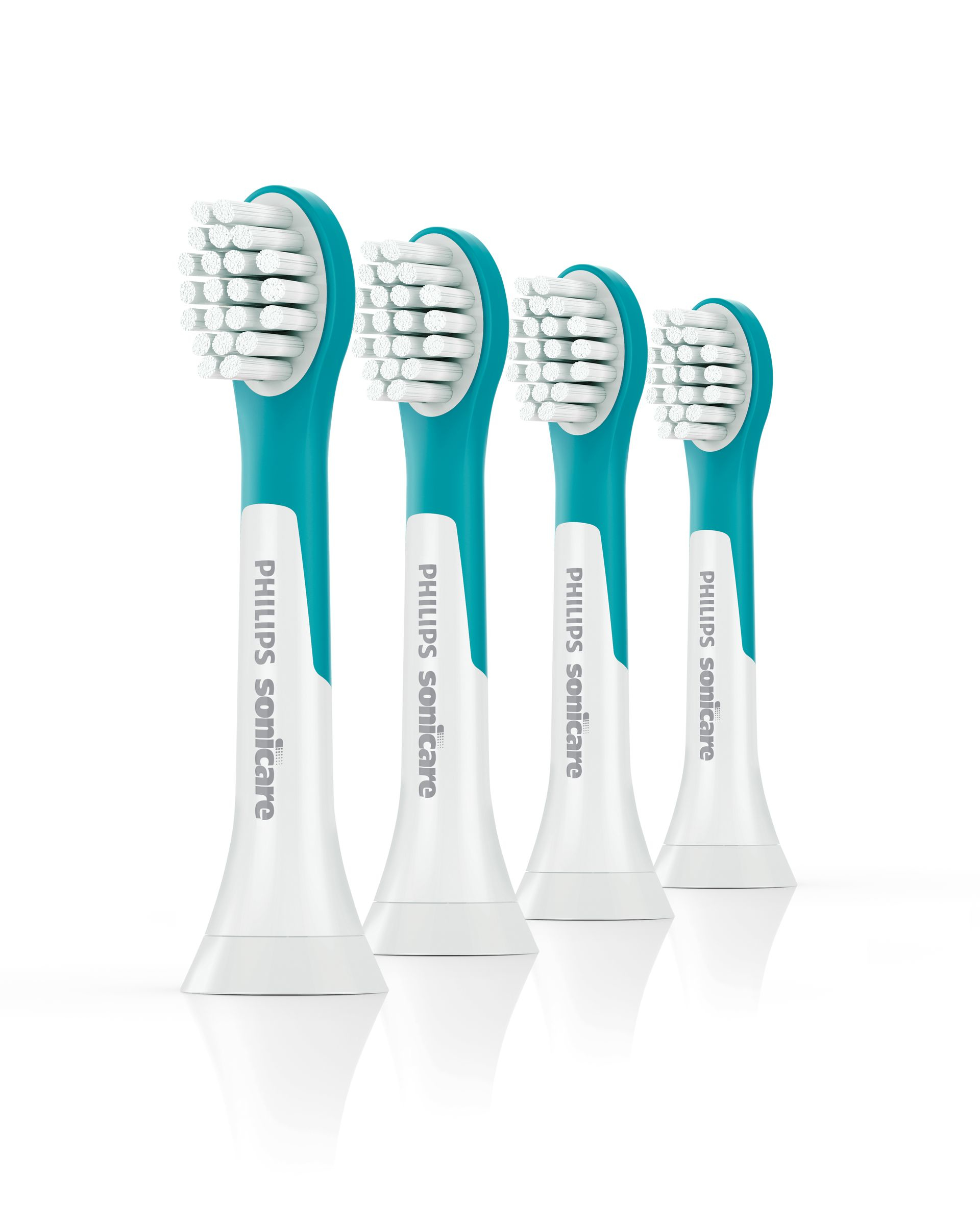 Vier türkis-weiße Philips Sonicare Zahnbürstenköpfe sind ausgerichtet.