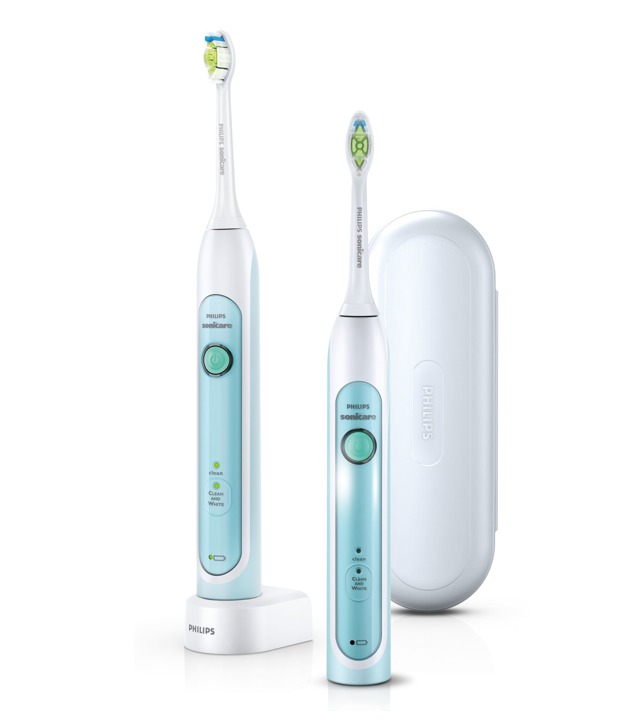 Eine Philips Sonicare elektrische Zahnbürste mit Reiseetui und Ladestation.