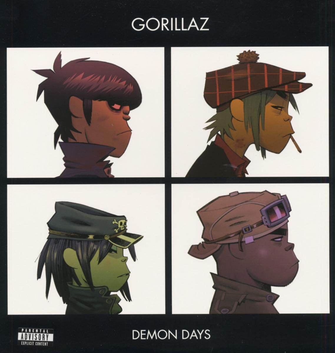Gorillaz album borítója négy rajzolt zenekari taggal, profilban.