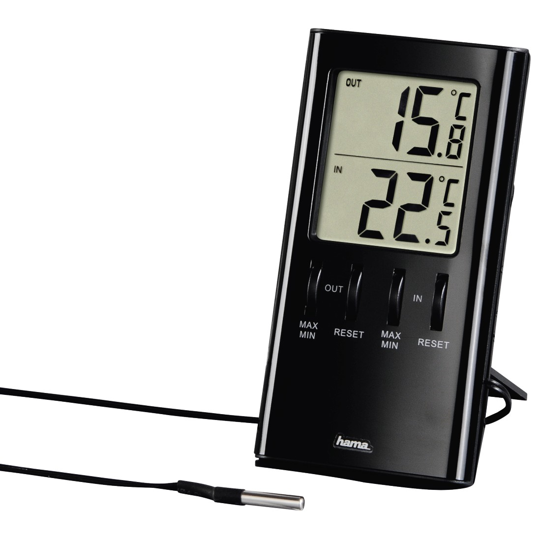Zwarte digitale thermometer met 15,8°C en 22,5°C, met een sonde bevestigd.