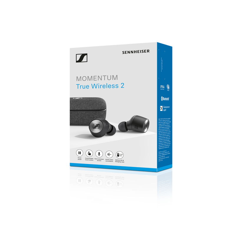 Momentum True Wireless 2 kulaklık kutusu. Özellikler ve marka adı görünür.