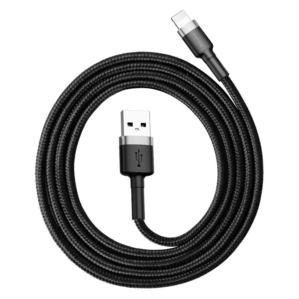 Siyah USB - Lightning kablosu, beyaz bir yüzeye sarılmış. Konnektörler görünür.