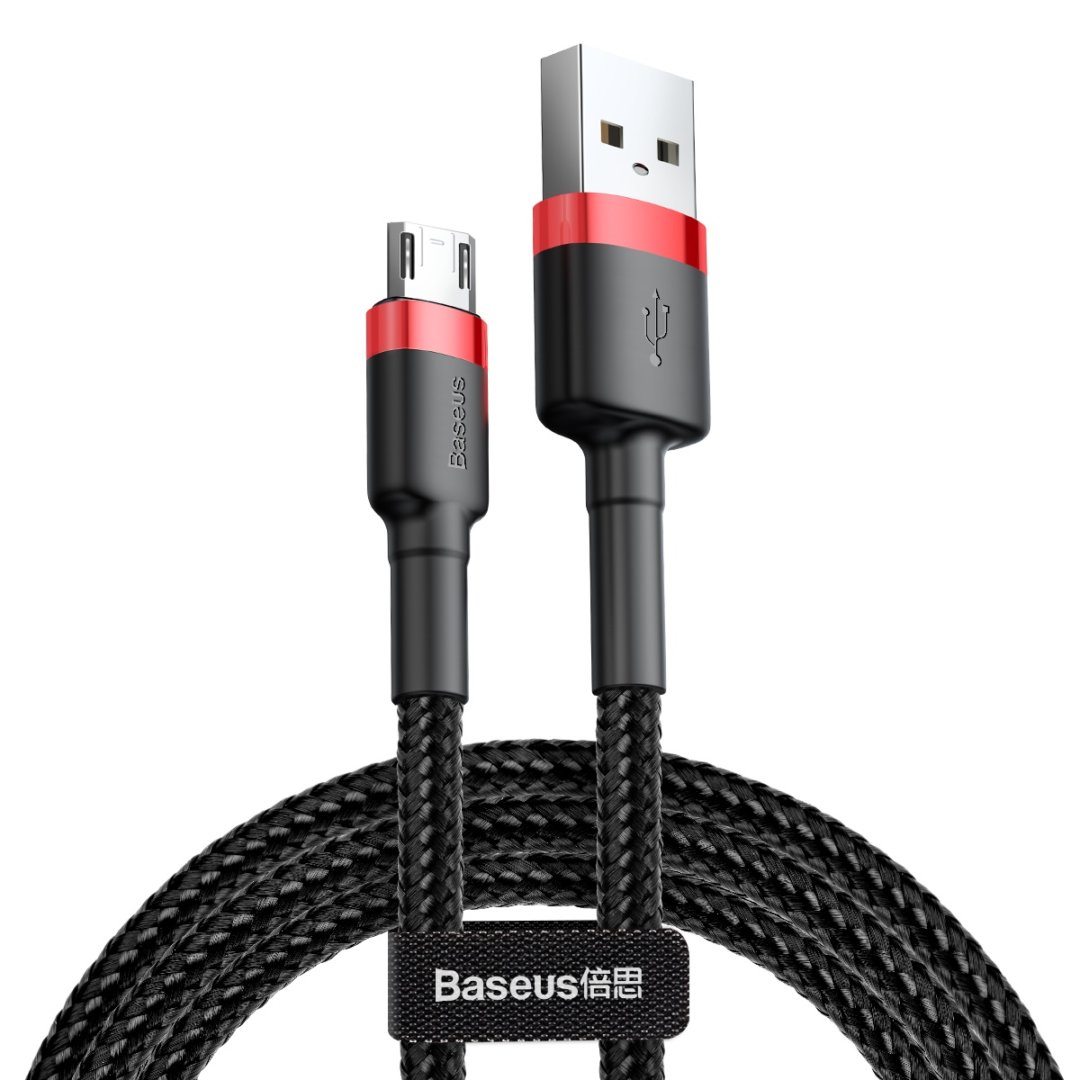 Kırmızı detaylı ve Baseus etiketli, USB ve micro-USB bağlantılı siyah örgülü USB kablosu.