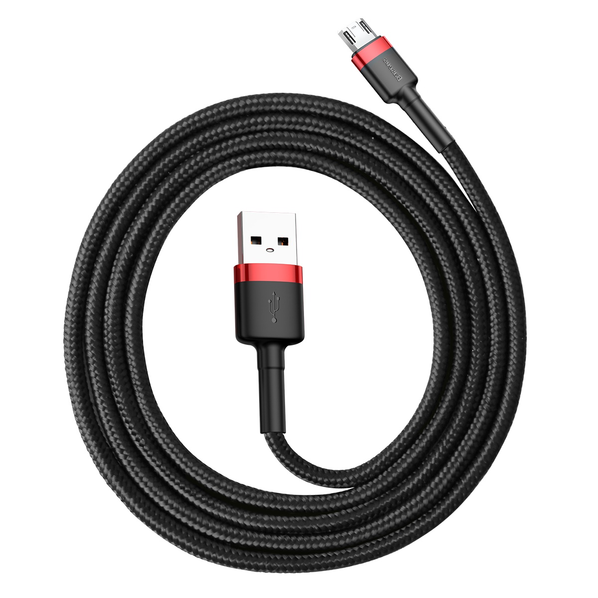 Siyah USB - micro-USB kablosu, sarılı. Konektörlerde kırmızı vurgular.
