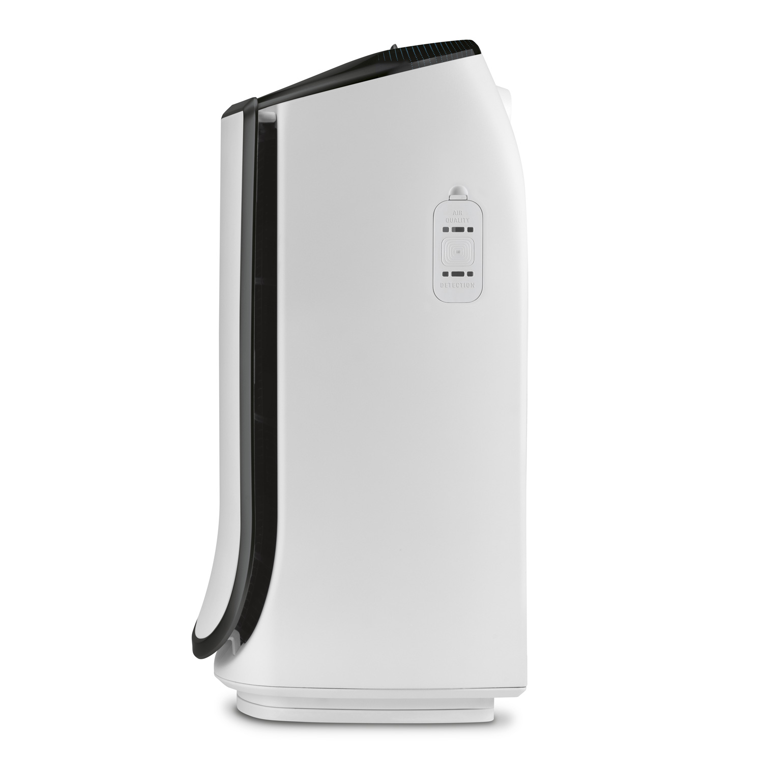 Un purificador de aire blanco con una parte superior negra y un panel de control lateral.