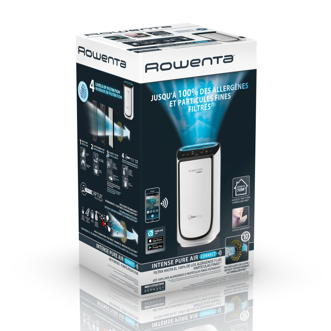 Caja de purificador de aire Rowenta con texto, imágenes e información del producto.