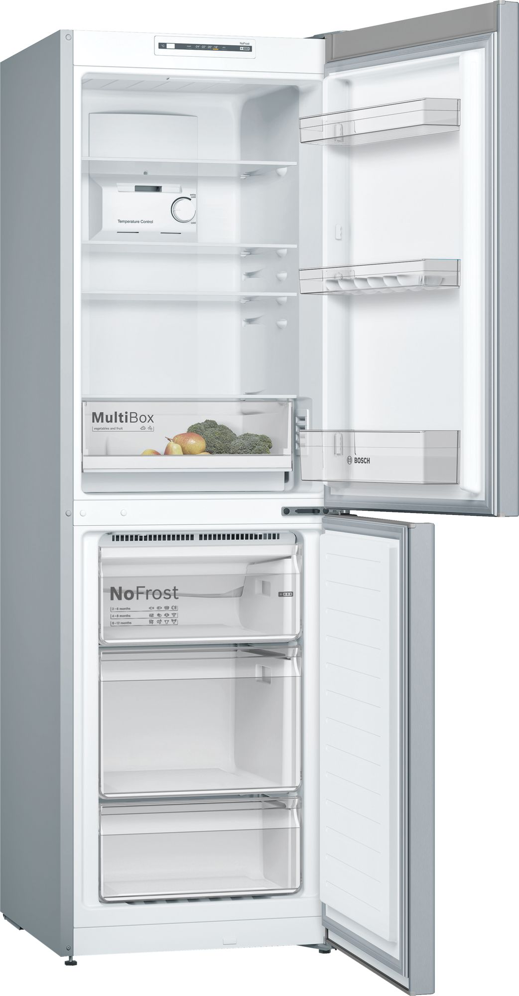Geöffneter, silberner Kühlschrank mit Glasböden und Gefrierfach unten.