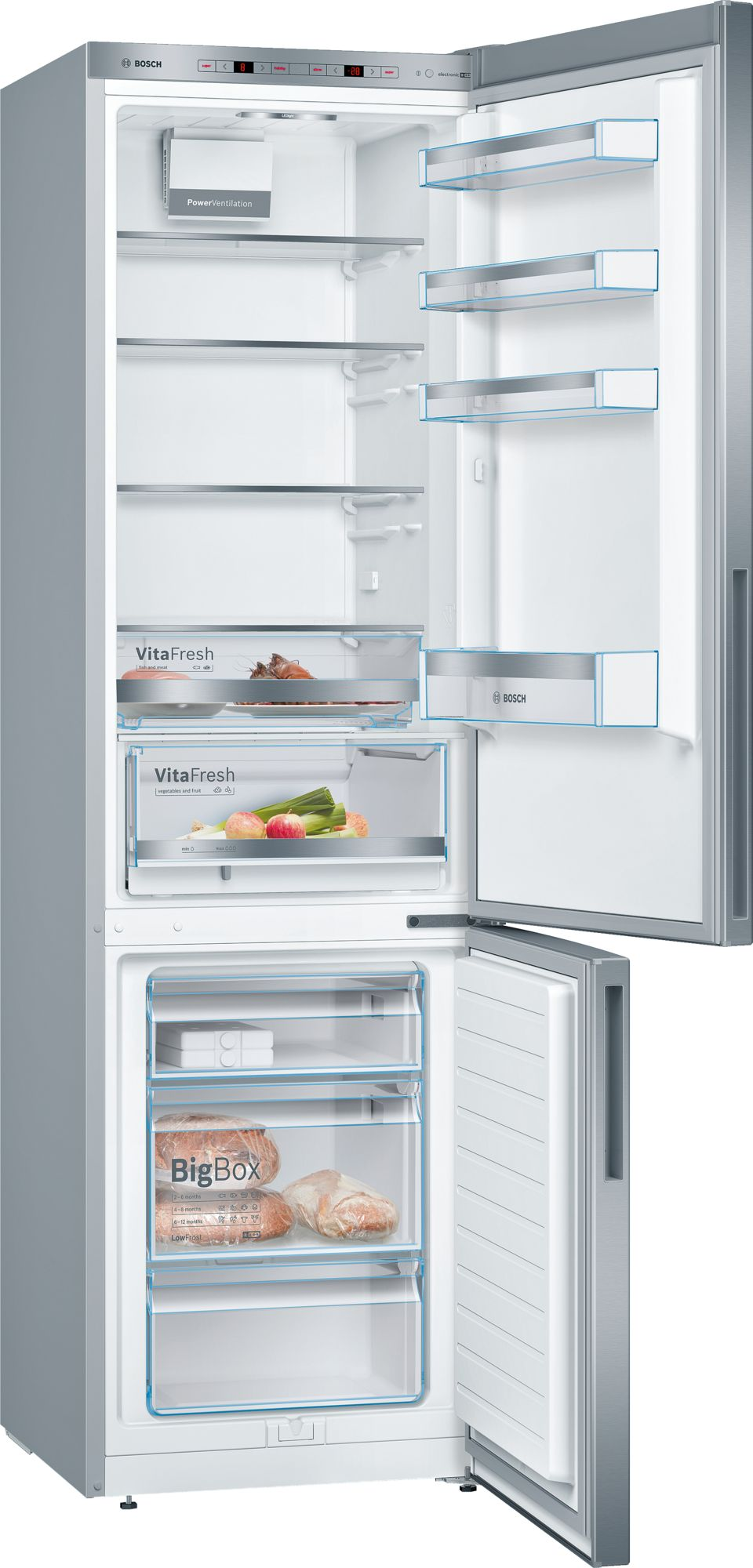 Bosch-Kühlschrank mit geöffneten Türen, Regalen, Schubladen und Lebensmitteln.