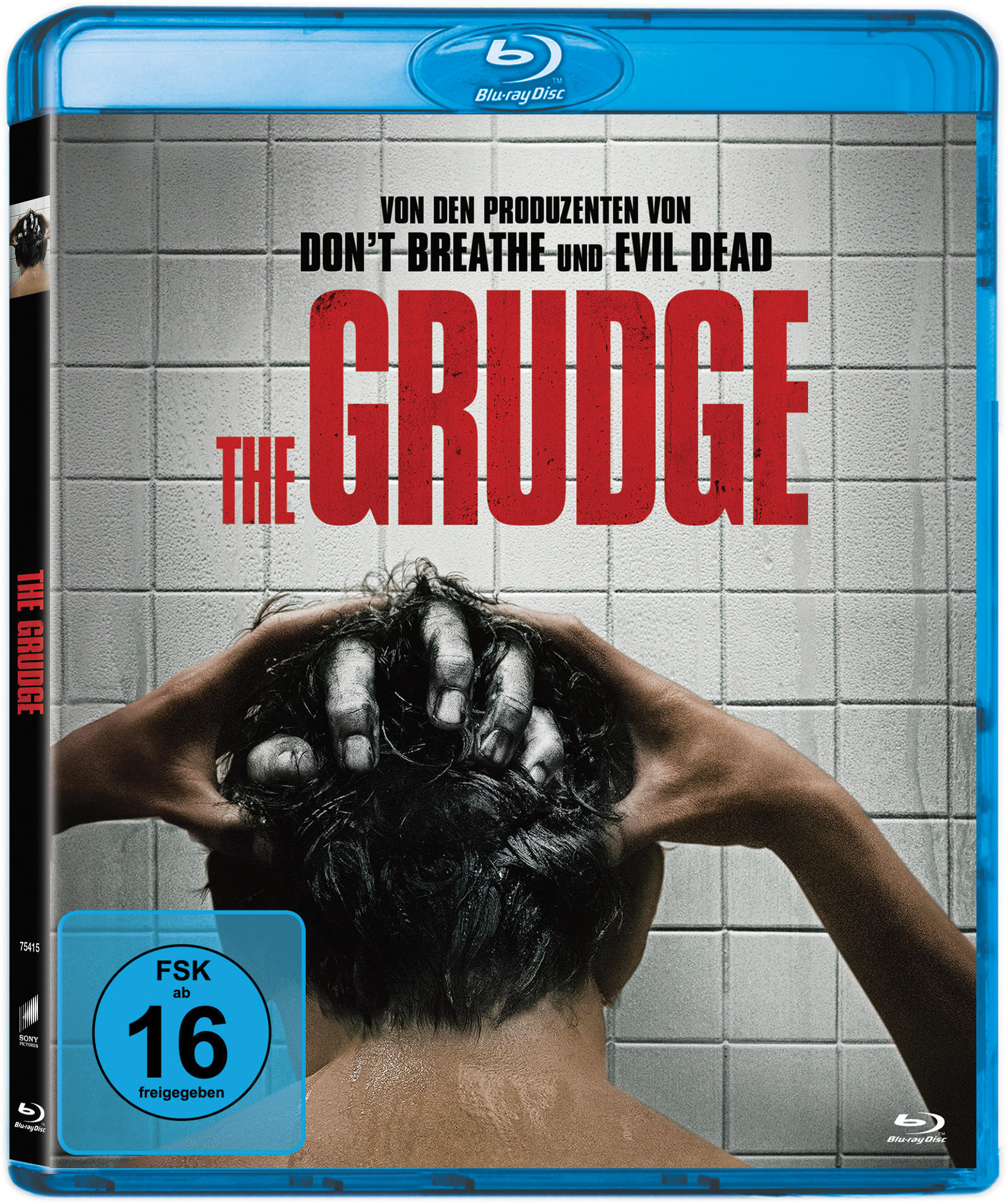 Das Grudge Blu-ray-Cover mit blauem Gehäuse. Die Hände einer Person sind auf dem Kopf.