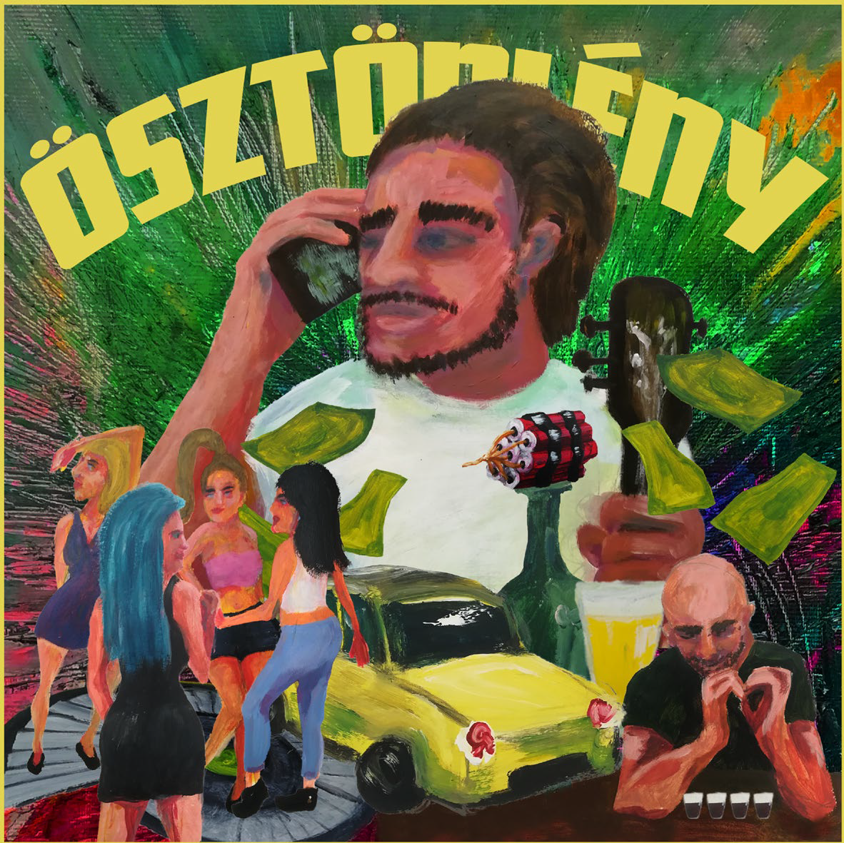 Album borító színes, karikatúraszerű illusztrációval egy férfiról, autóról, nőkről és egyéb tárgyakról.