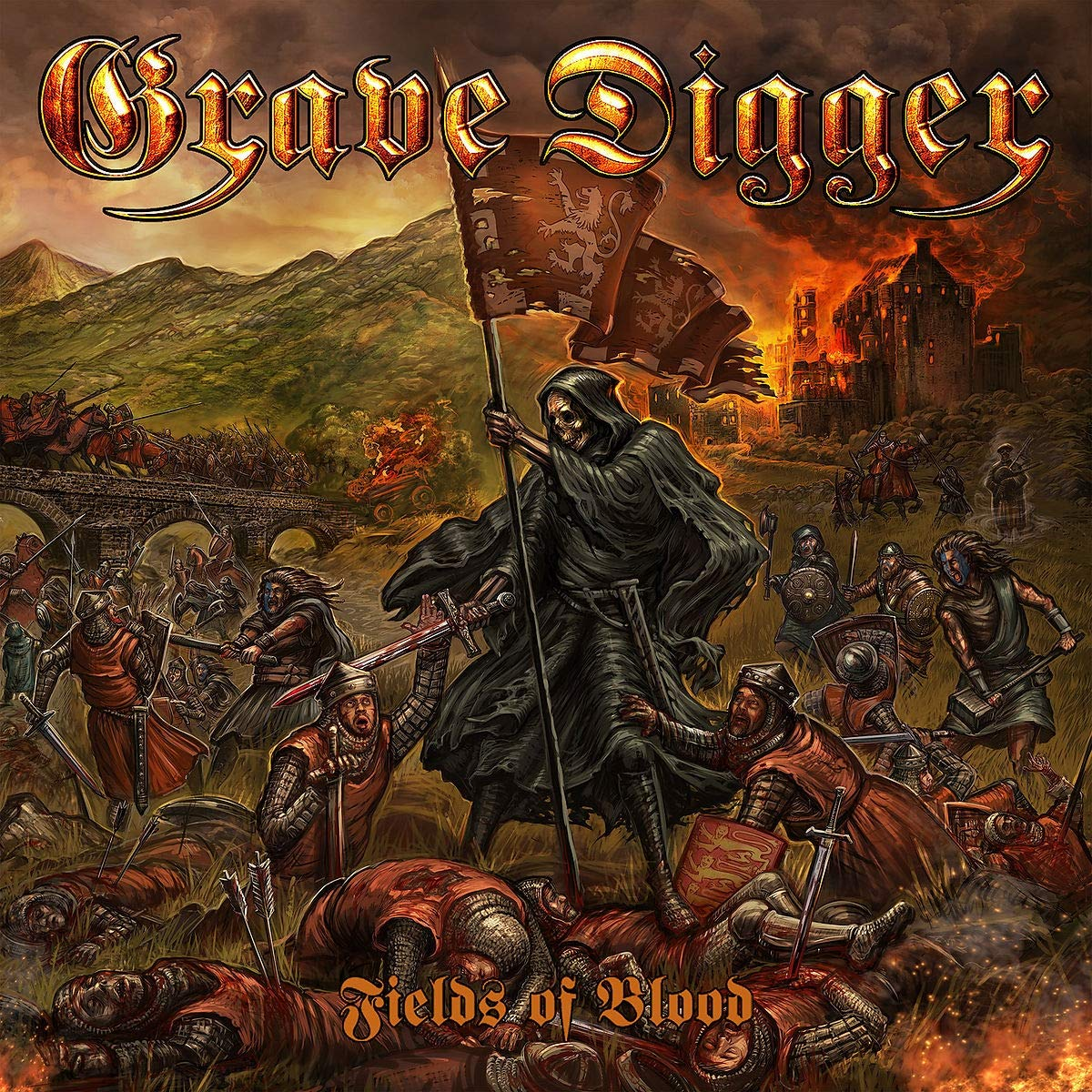 Egy Kaszás figura áll egy csatatéren, zászlókat tartva. Katonák csatáznak, és egy vár ég a háttérben. A "Fields of Blood" cím jelenik meg.