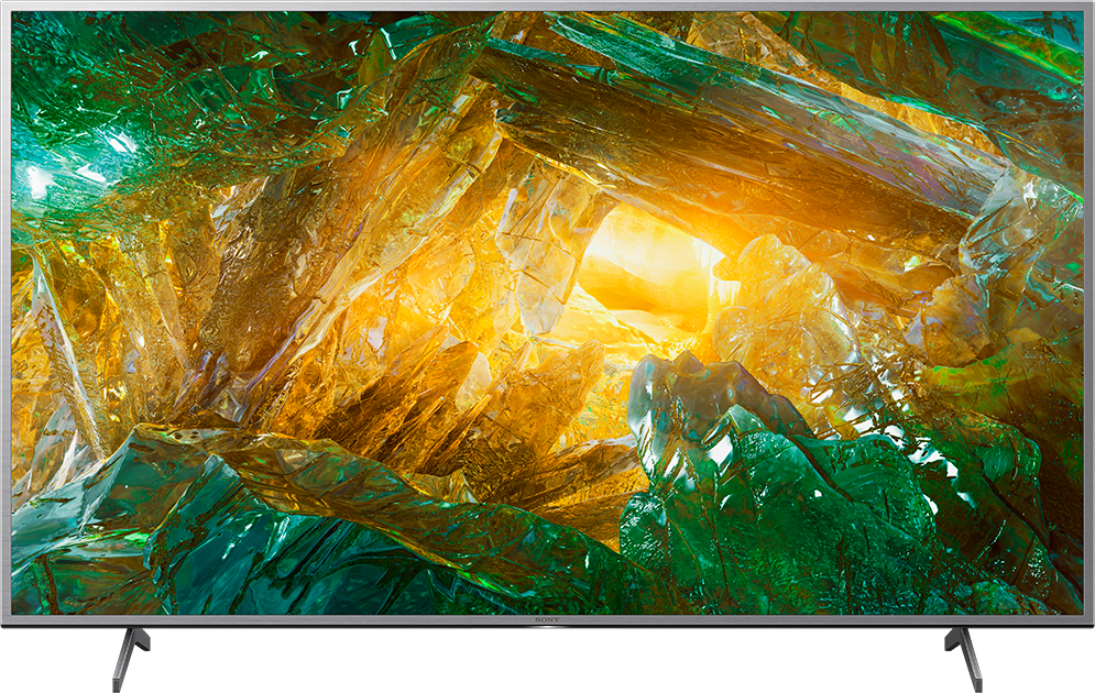 Ein großer Sony Fernseher, der ein farbenfrohes, abstraktes Bild mit gelben, grünen und orangen Farbtönen anzeigt.