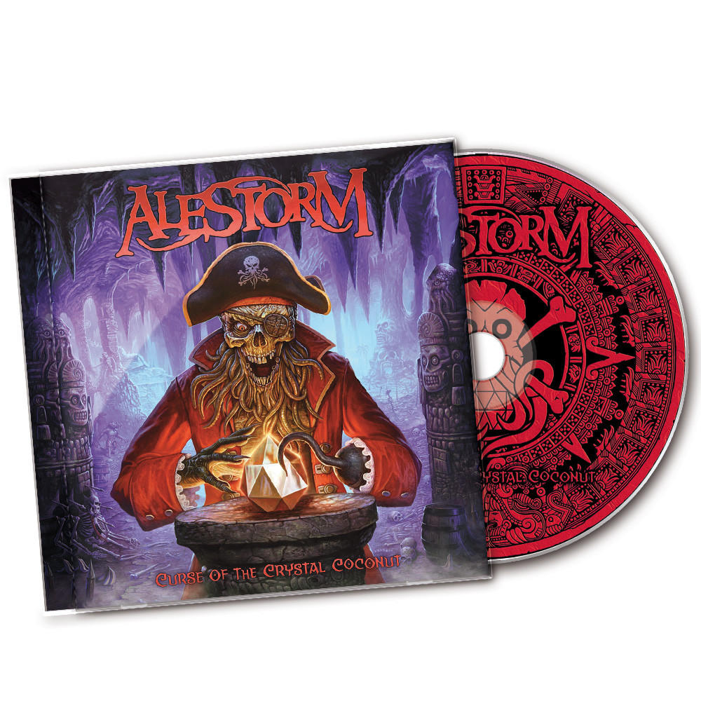 CD album borító. Kalóz csontváz ékkövet tart. Piros és fekete lemez jobbra.