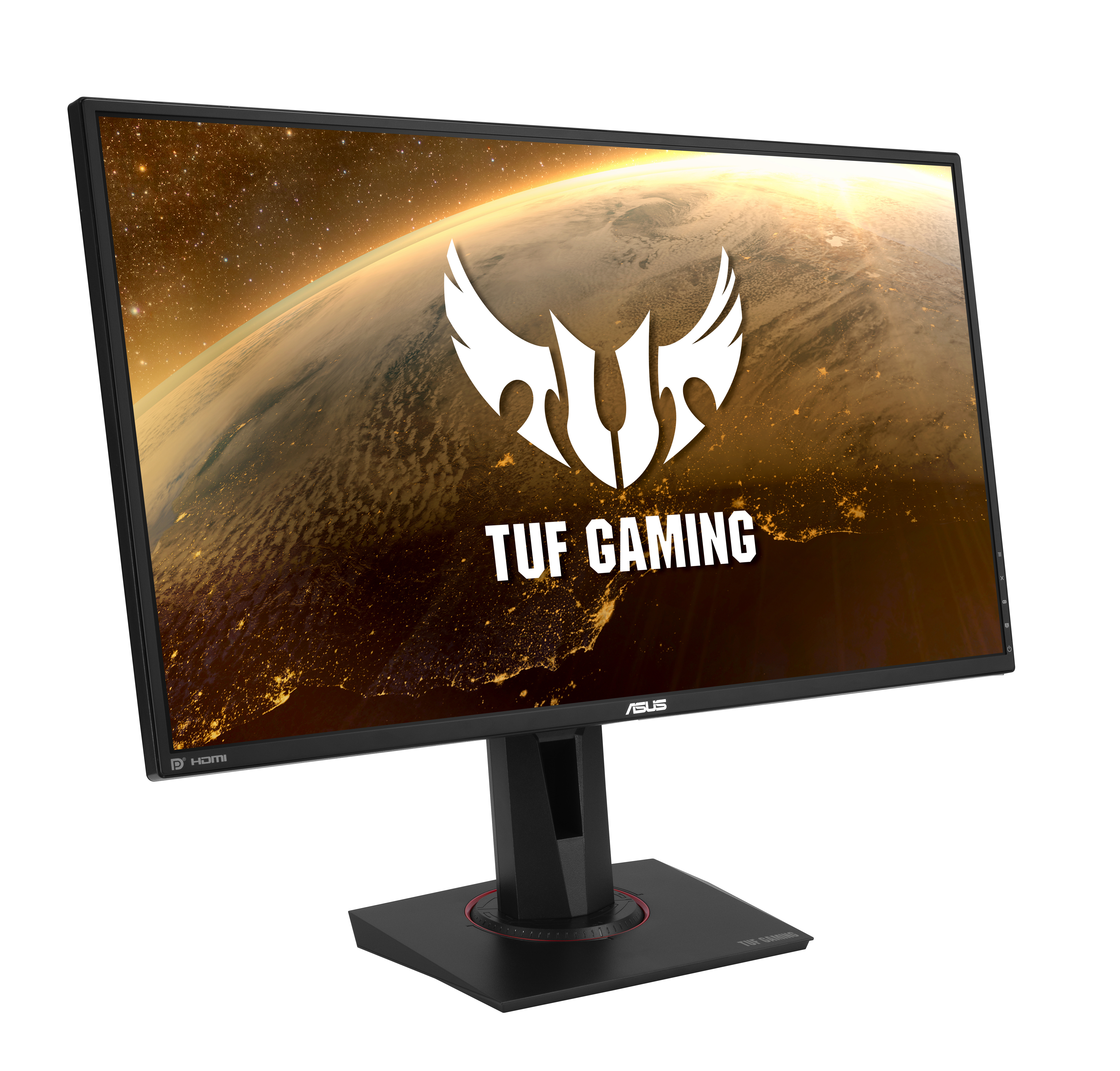 Schwarzer Computermonitor mit TUF GAMING Logo und Weltkartenhintergrund, auf weißer Oberfläche.