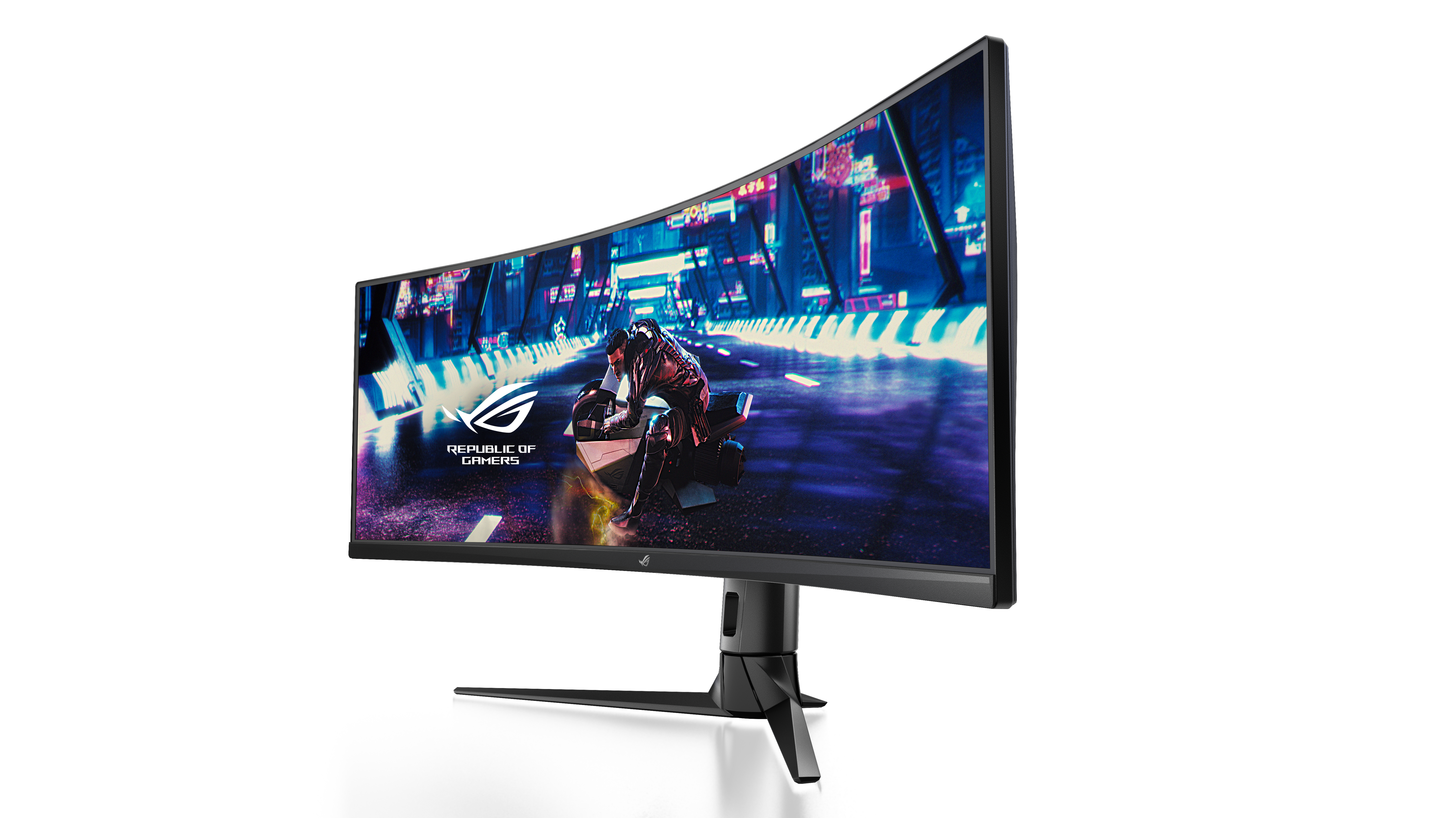 Gebogener Gaming-Monitor, der eine Rennszene anzeigt, mit einem Monitorständer.