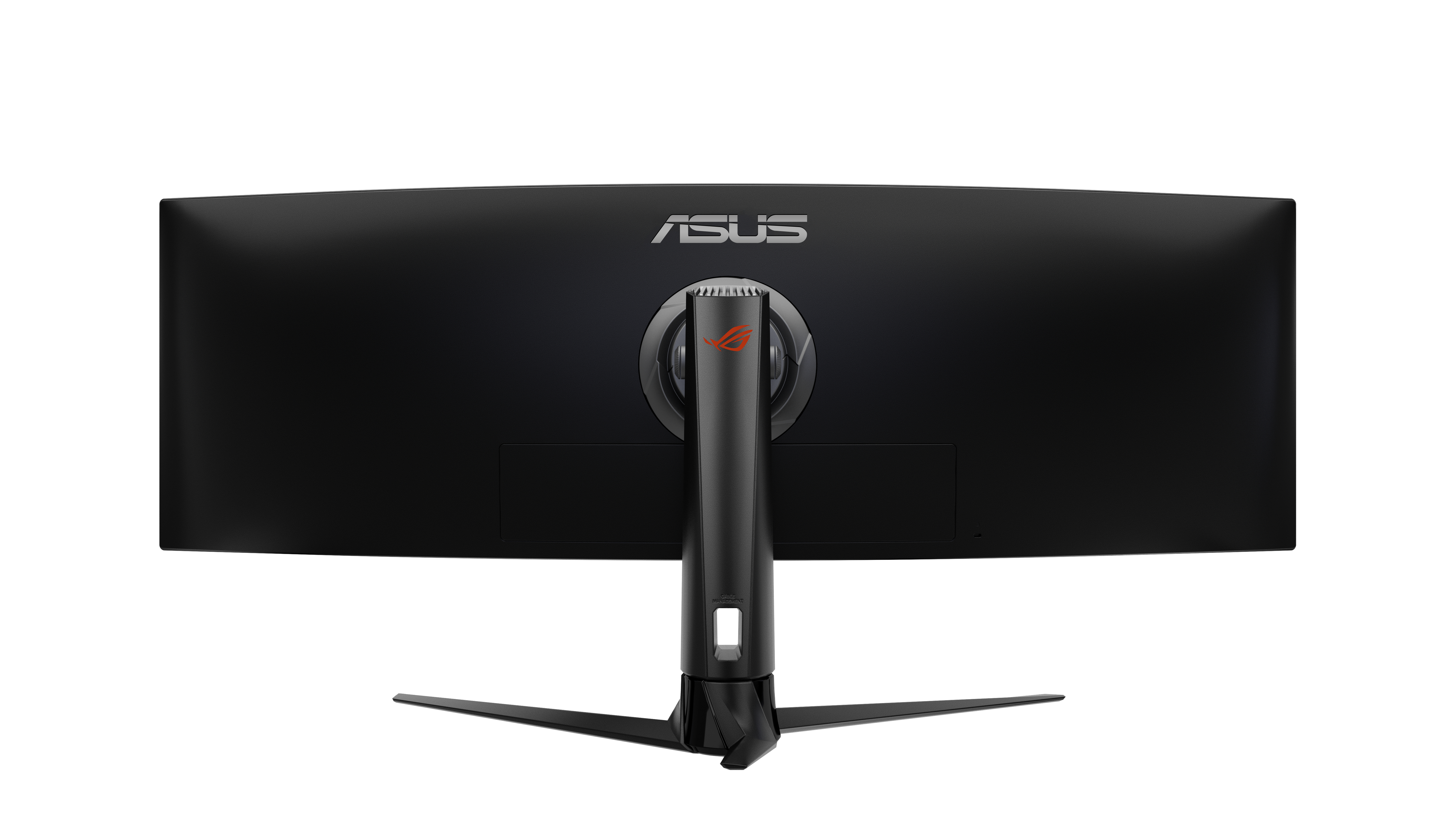 Ein schwarzer Computermonitor mit ASUS-Logo und einem gebogenen Bildschirm.