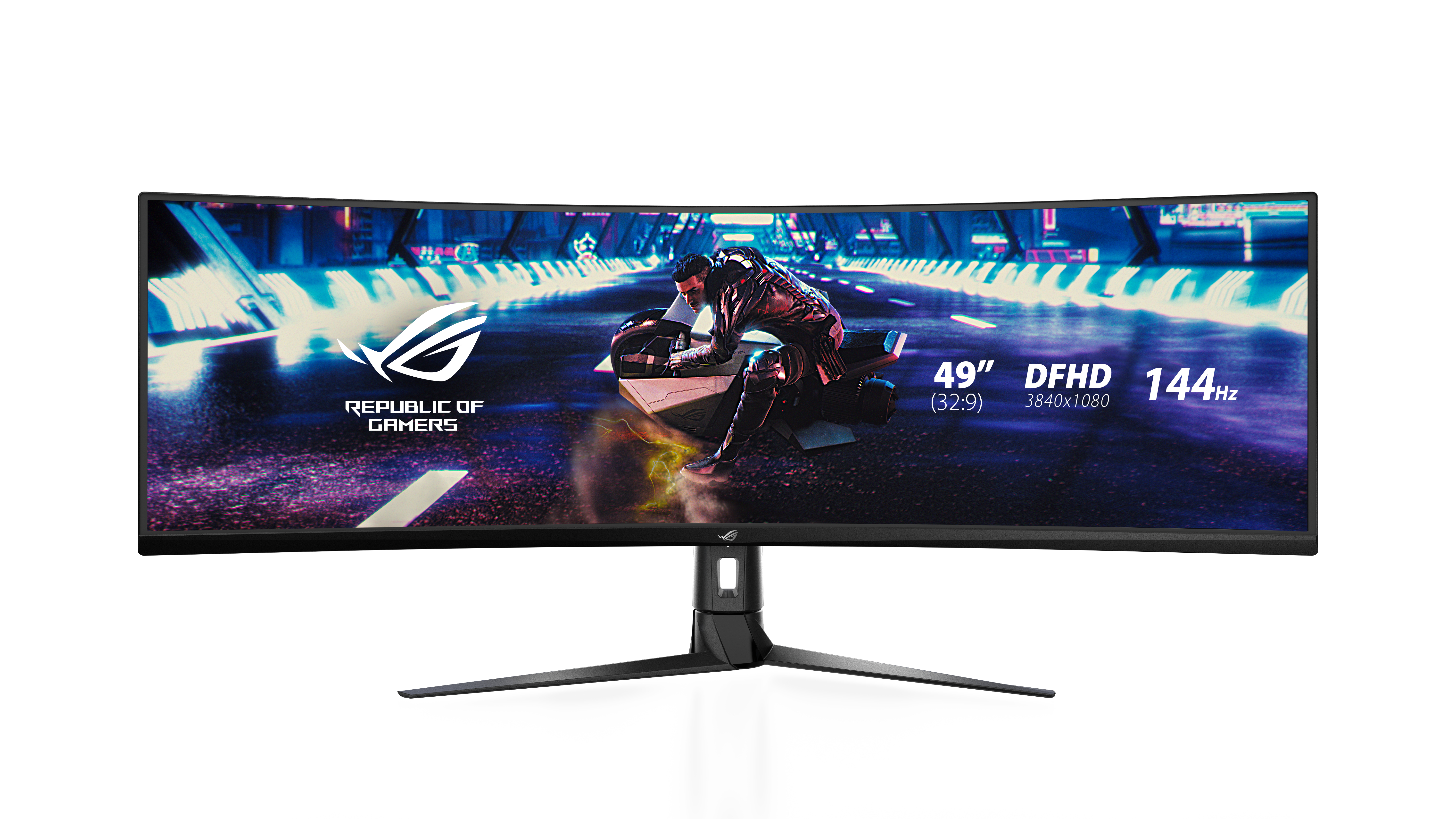 Ein gewölbter Gaming-Monitor mit einem Fahrer auf einem Motorrad, mit dem ROG Republic of Gamers-Logo.