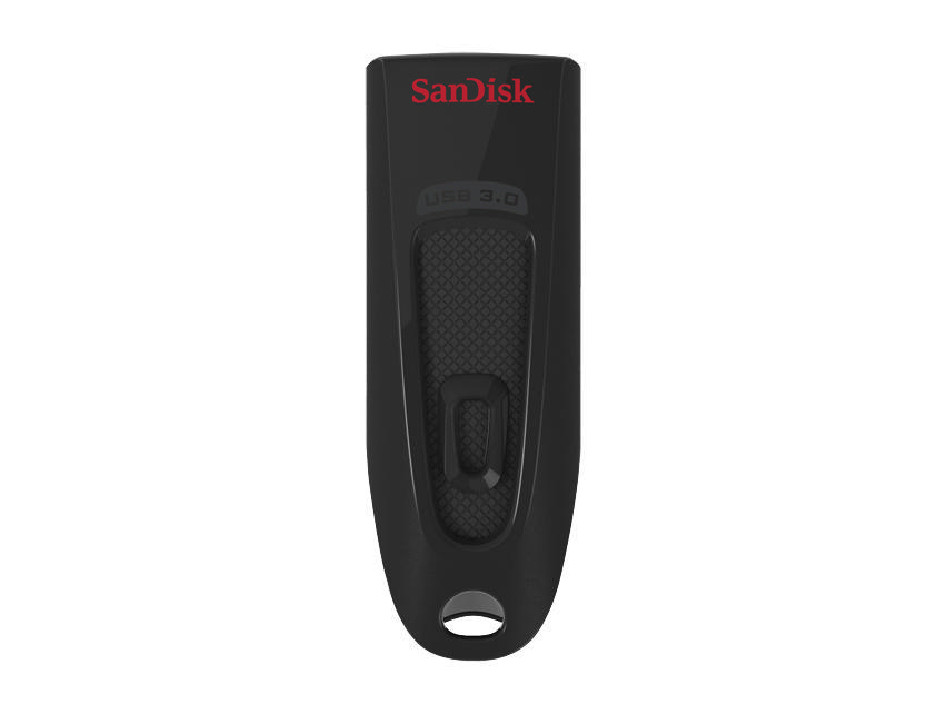 Schwarzer SanDisk USB 3.0-Stick. Mit strukturierter Oberfläche und rotem SanDisk-Logo.