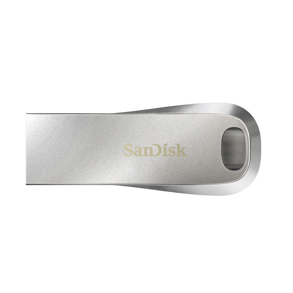 Ein silberner SanDisk USB-Stick, schräg vor weißem Hintergrund. Das SanDisk-Logo ist sichtbar.
