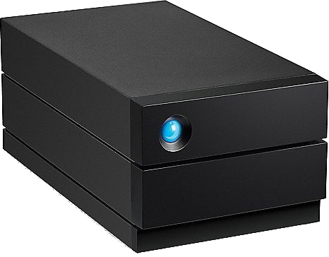 Schwarze externe Festplatte mit blauem Licht, rechteckiges Design.