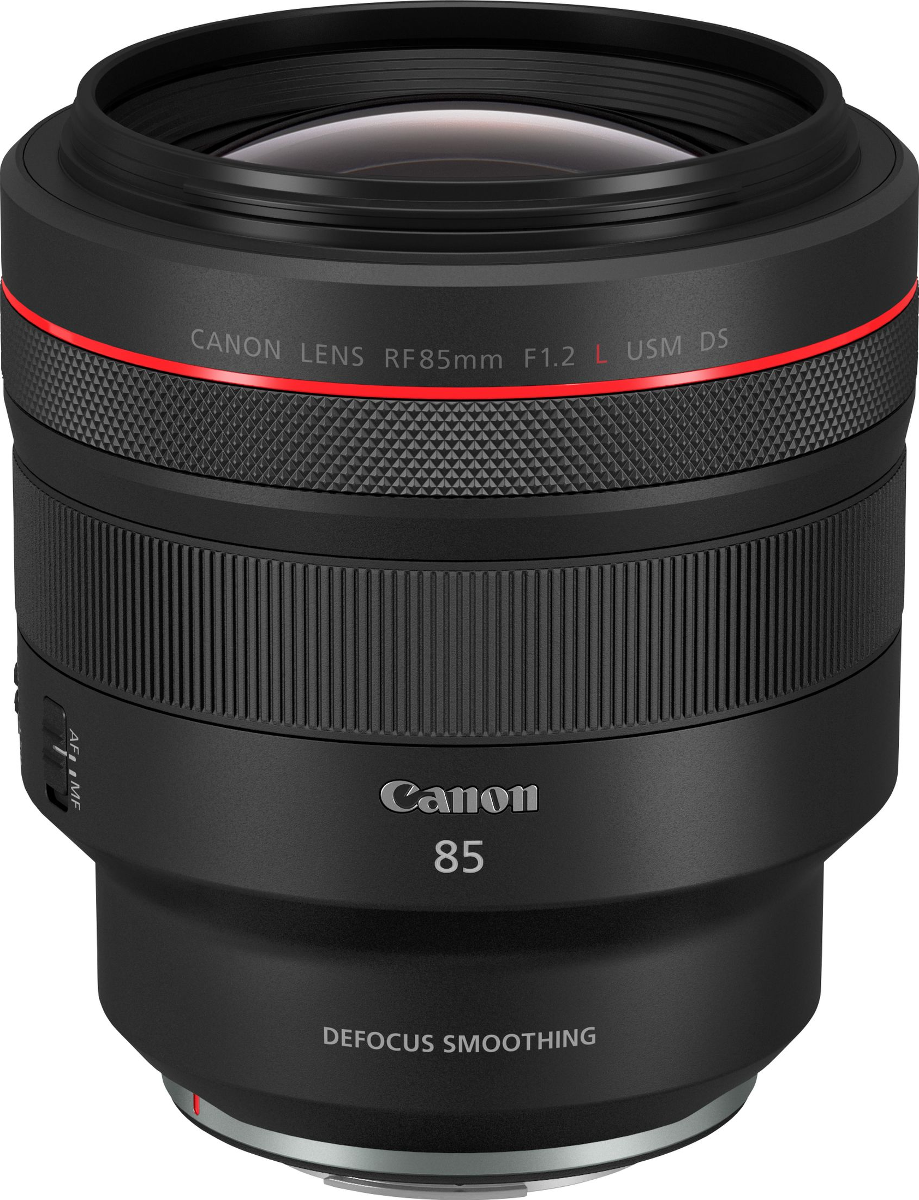Obiettivo Canon RF 85mm F1.2 L USM DS nero con anello rosso e testo.