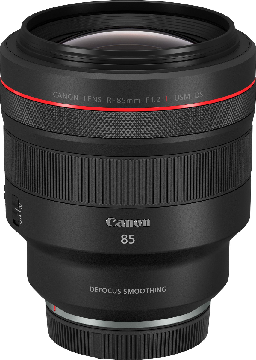 Obiettivo Canon RF 85mm F1.2 L USM DS nero con anello rosso e impugnatura testurizzata.