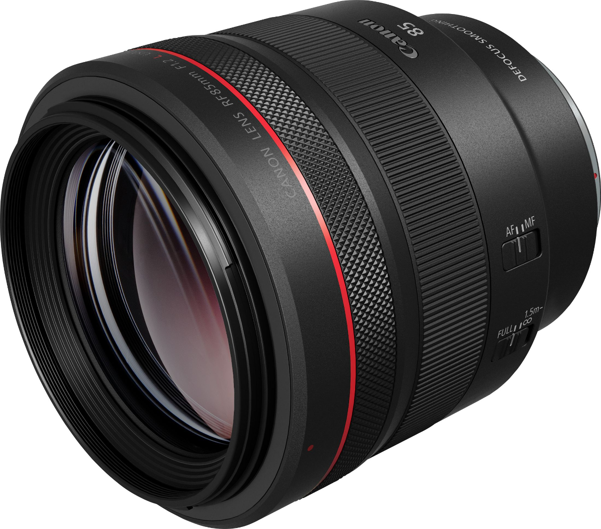 Un obiettivo Canon RF 85mm f1.2 L nero con anello rosso e selettore AF/MF.