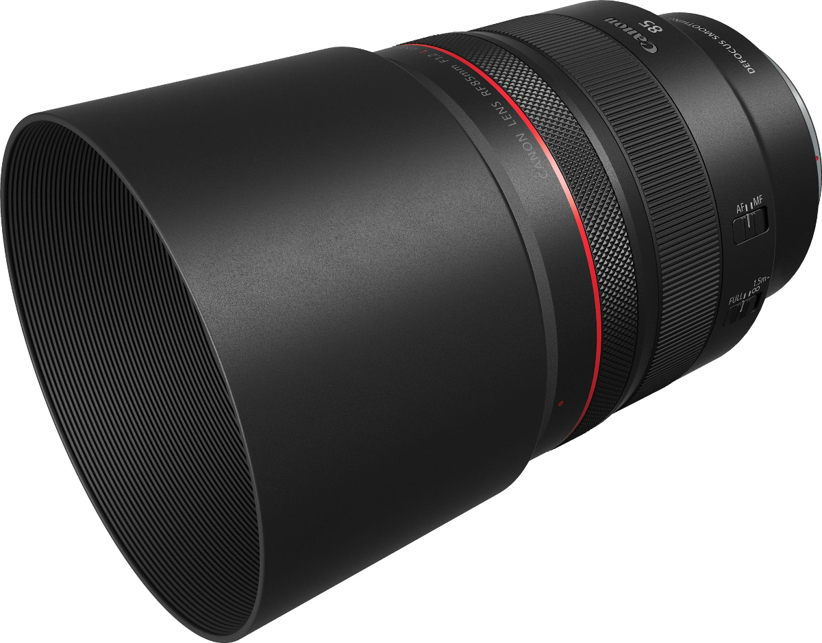 Obiettivo Canon RF 85mm f1.2 L USM nero con paraluce e anello rosso.