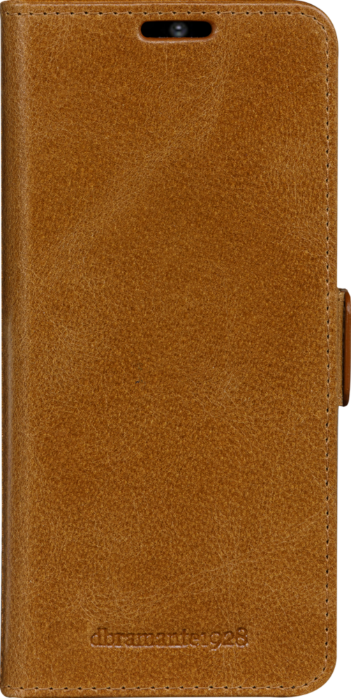 Étui de téléphone en cuir marron avec une surface texturée et des coutures.