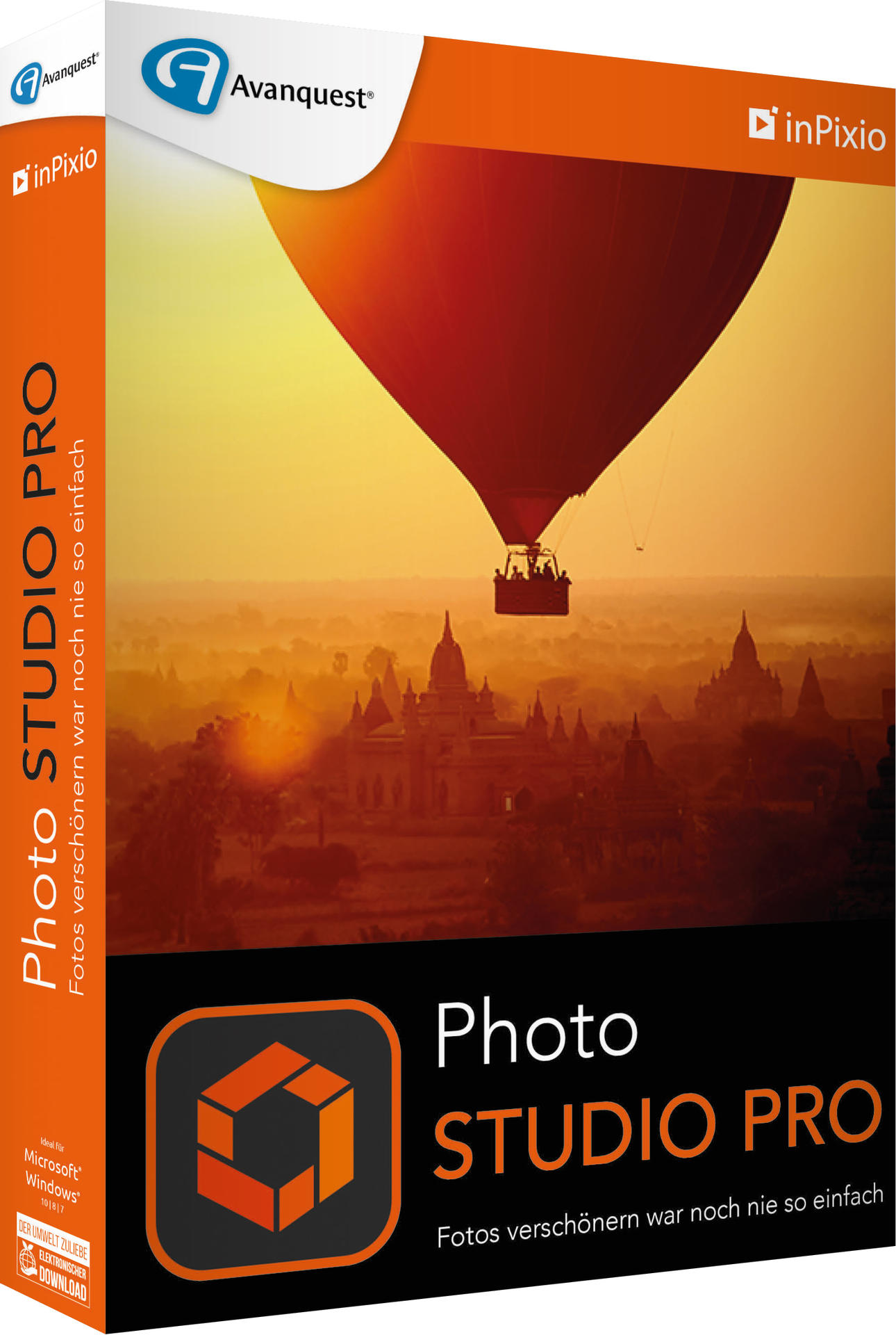 Eine Softwarebox für Photo Studio Pro. Ein Heißluftballon über einer Landschaft ist auf dem Cover.