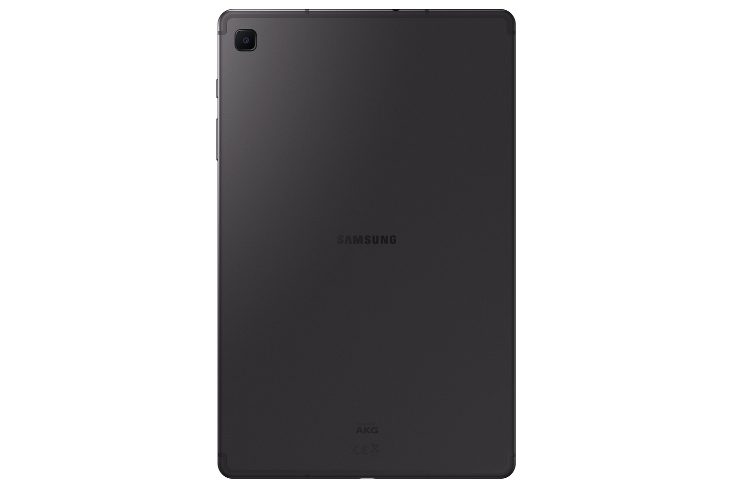 Una tableta negra con el logotipo de Samsung sobre un fondo blanco.