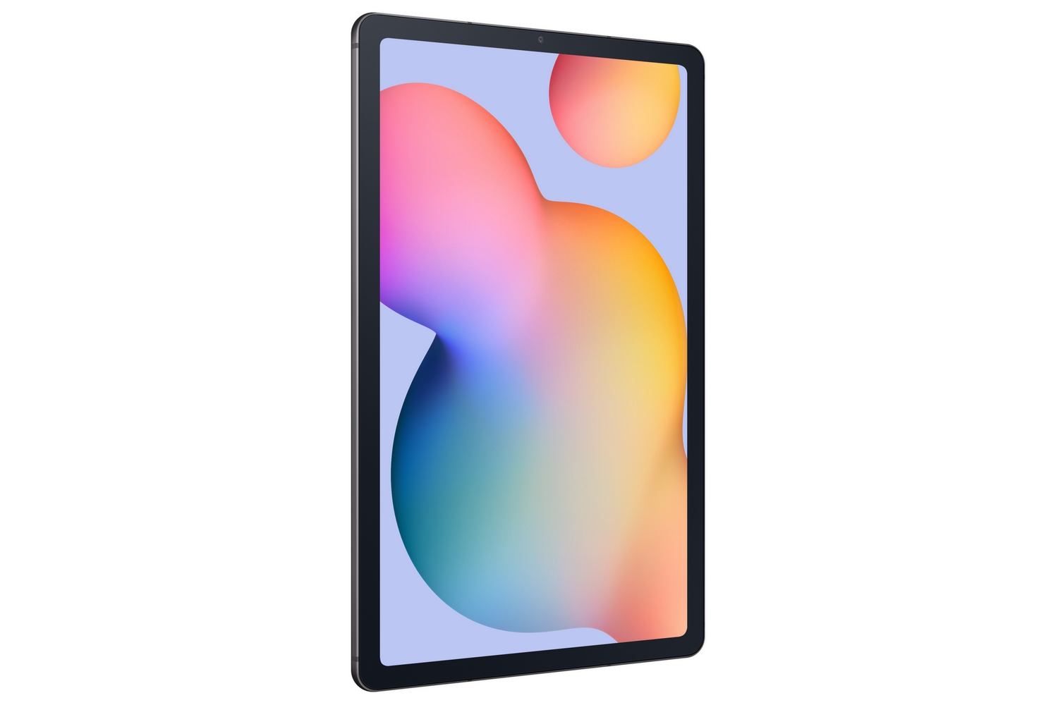 Tableta negra sobre fondo blanco; la pantalla muestra formas abstractas coloridas.