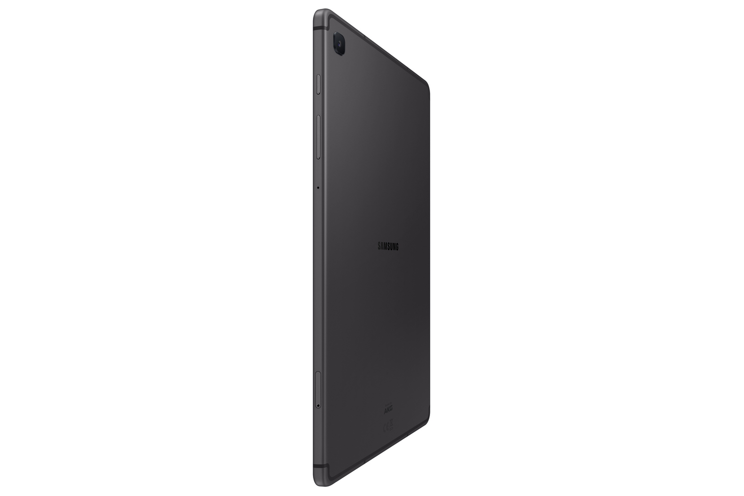 Una tableta Samsung Galaxy Tab S6 Lite negra desde un lado.