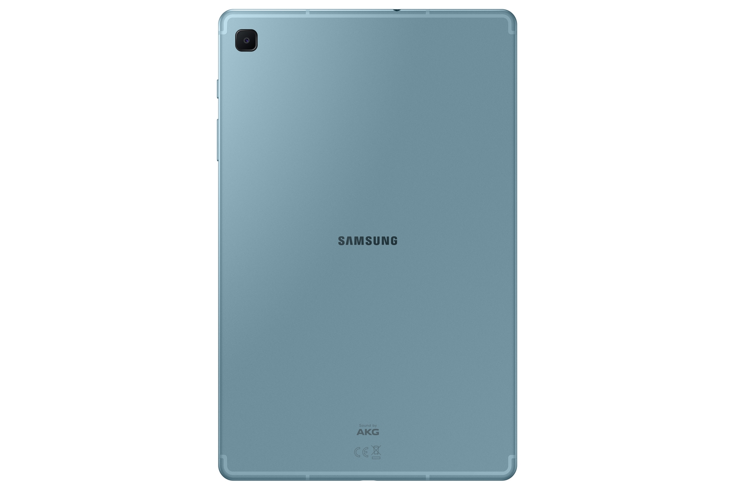 Tableta azul sobre un fondo blanco. Se muestra la parte trasera de la tableta, con el logotipo de Samsung.